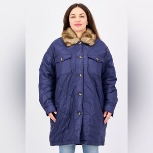 Aerie Quilted Puffer Faux Fur Collar Sherpa Coat in Navy (NWT)